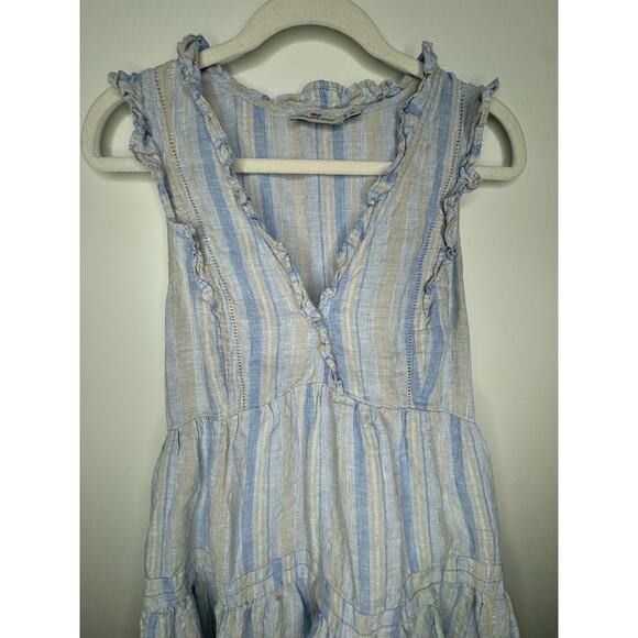 Vineyard Vines Tiered Ruffled Linen V-neck Blue Striped Dress Size M - Picture 5 of 8